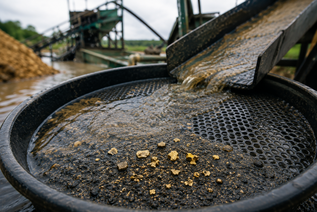 Gold washing process with gold particles and process water