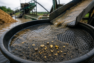 Gold washing process with gold particles and process water