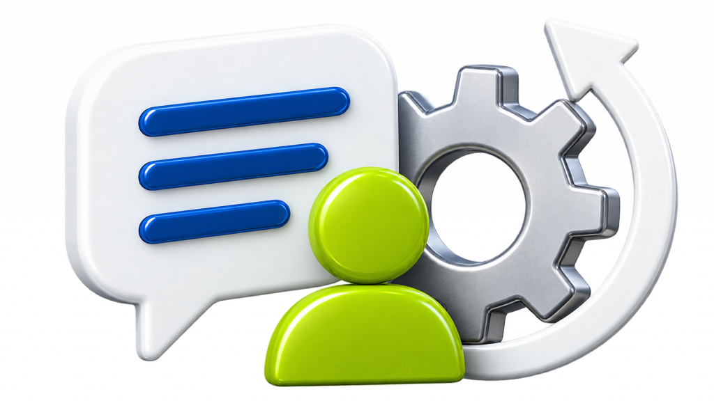 AAA technical expert contact icon with speech bubble, technical gear and support symbol, representing personal consultation, technical expertise and project support for wastewater treatment and water recycling solutions.