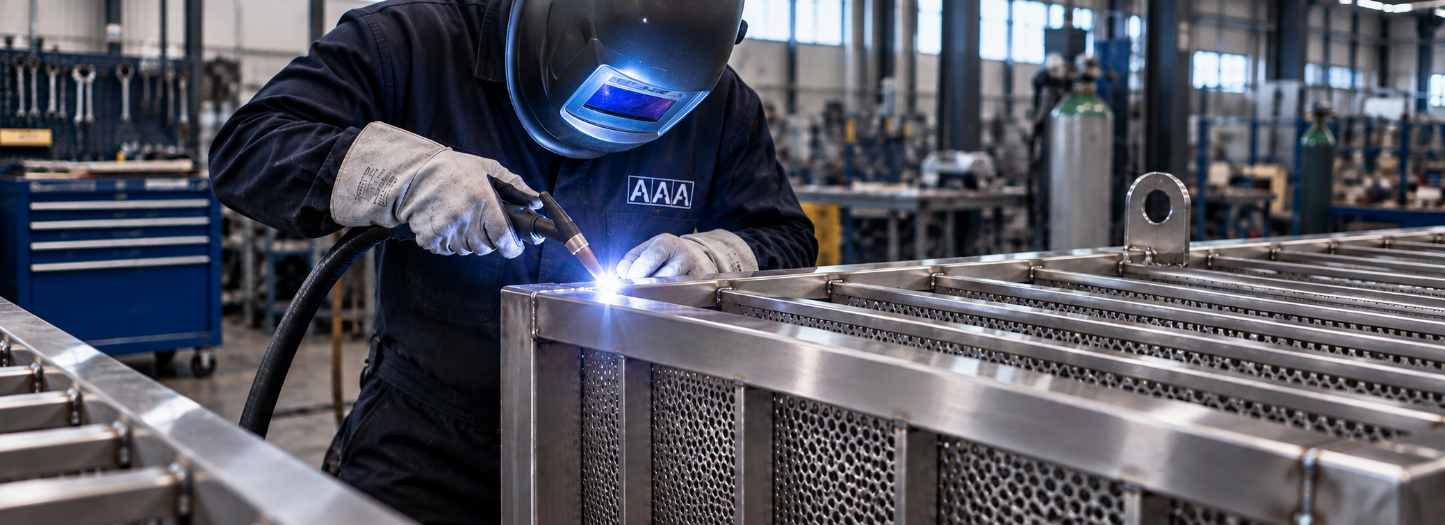 Welding of a stainless steel component for an AAA wastewater treatment system