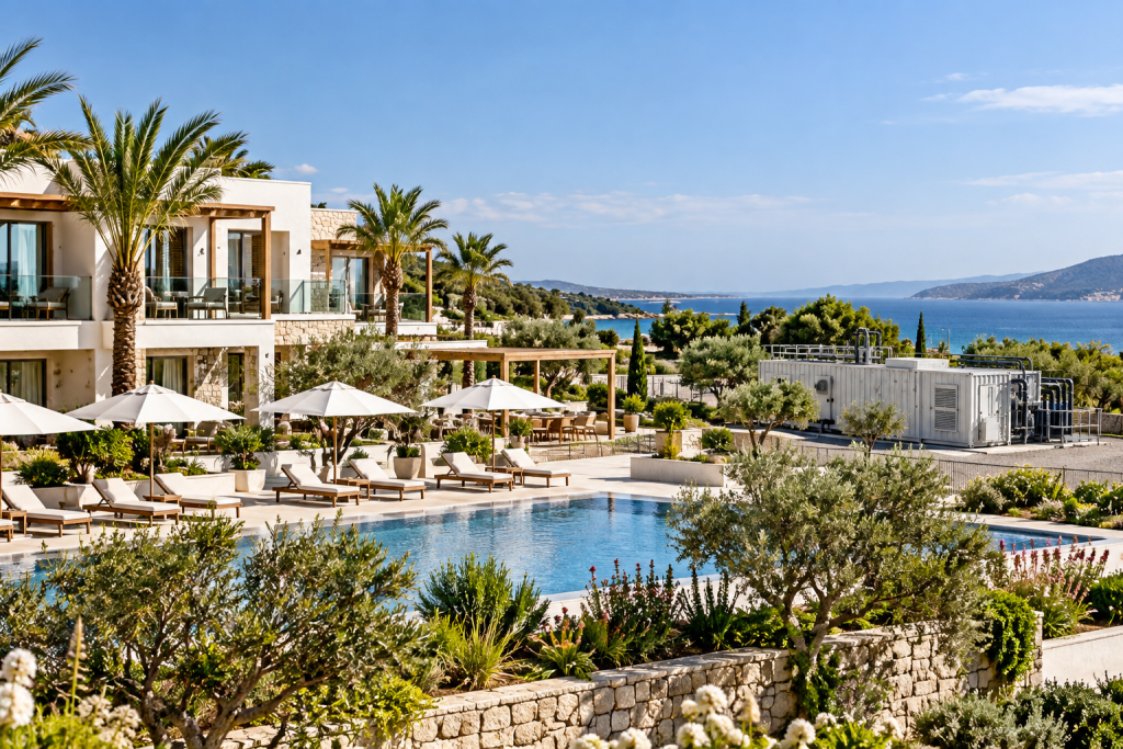 Containerized wastewater treatment system for a hotel and resort