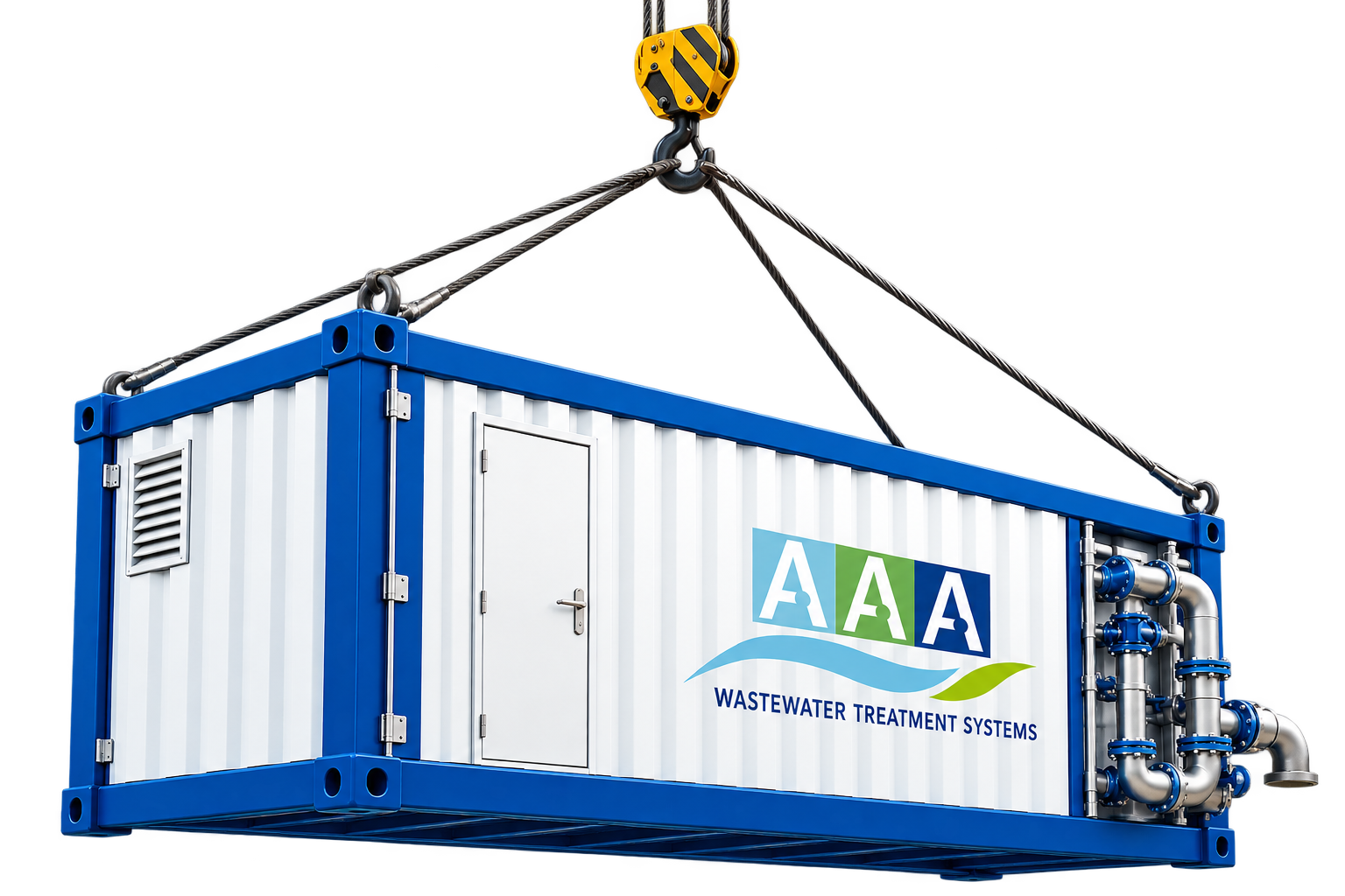 Containerized wastewater treatment system being lifted for transport and installation