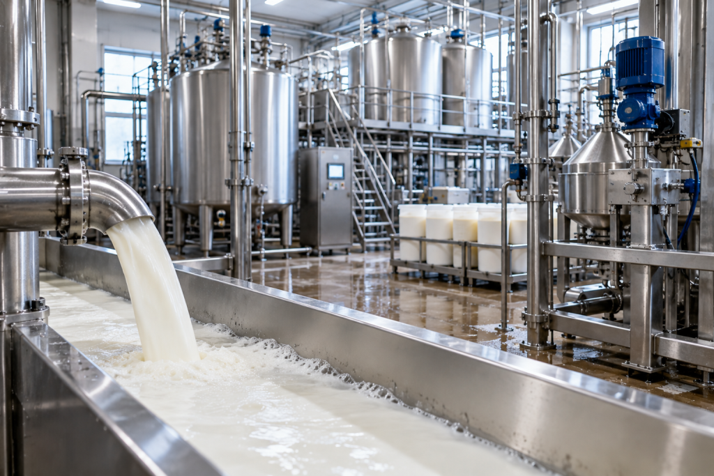 Dairy and milk processing facility with industrial production equipment