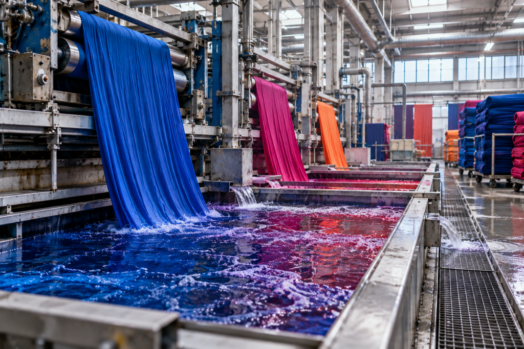 Textile dyeing process with colored process water in an industrial production facility