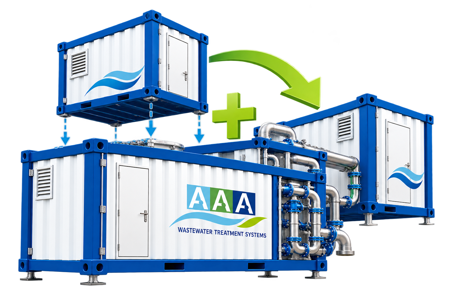 Modular containerized wastewater treatment system with additional treatment modules