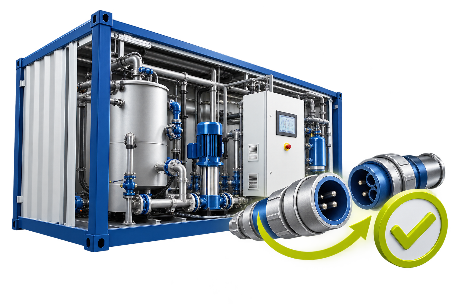 Pre-assembled containerized wastewater treatment system with integrated technical equipment