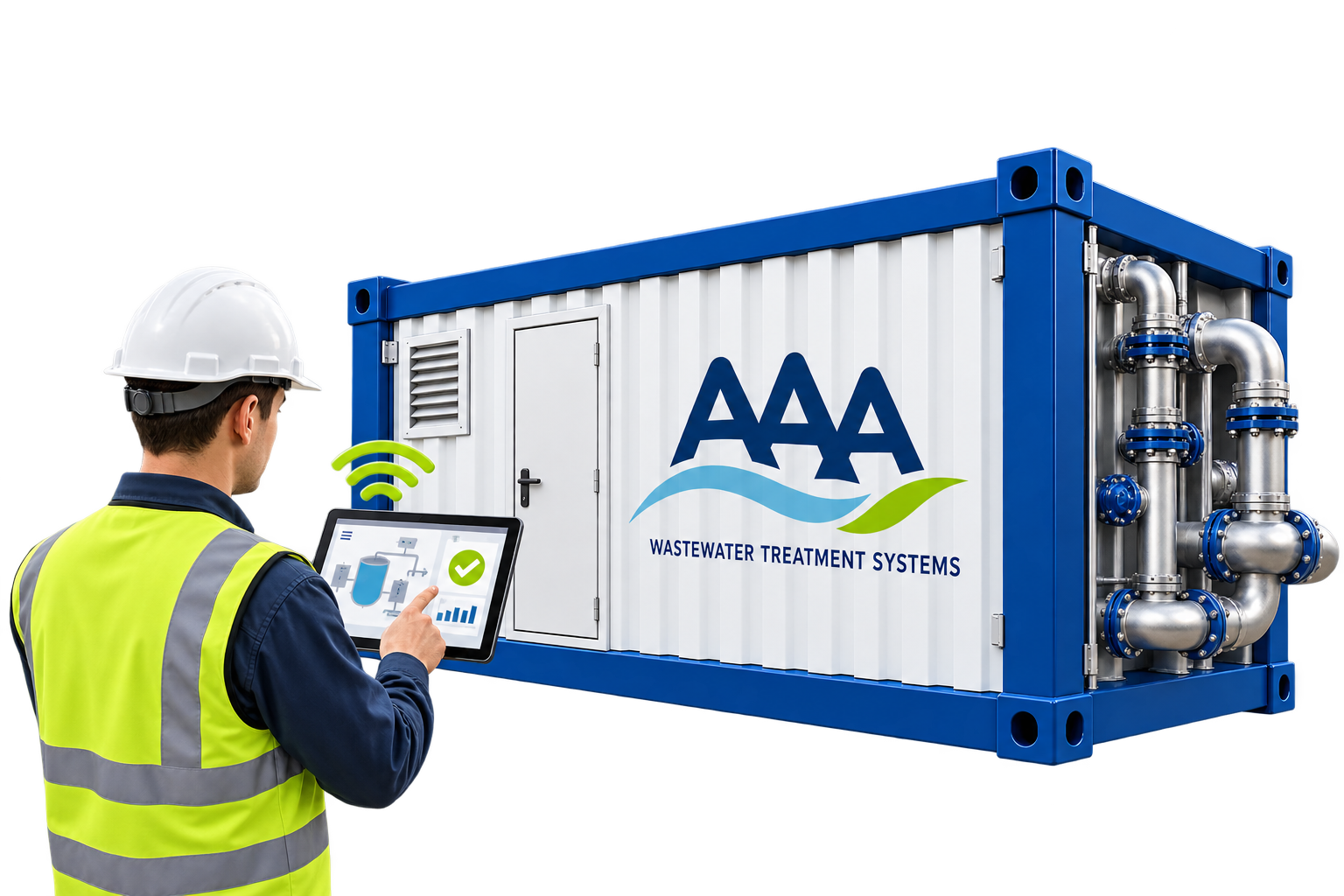 Operator monitoring a containerized wastewater treatment system with integrated controls